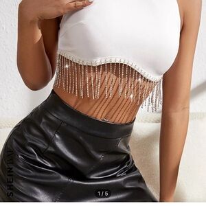White Rhinestone Fringe Zip Back Cropped Tank Top